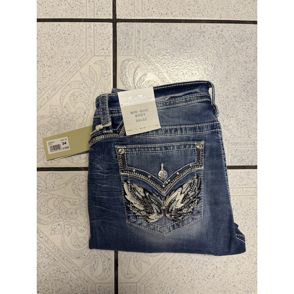 Miss Me Jeans Women’s 34X32 Mid-Rise Bootcut M3080B72V Angel Wing Pockets New
